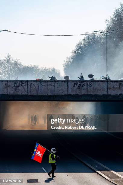 Manifestant au milieu de gaz lacrymogène portant un drapeau de la Ville de Lyon lors de la manifestation des Gilets jaunes le 23 février 2019 à Lyon,...