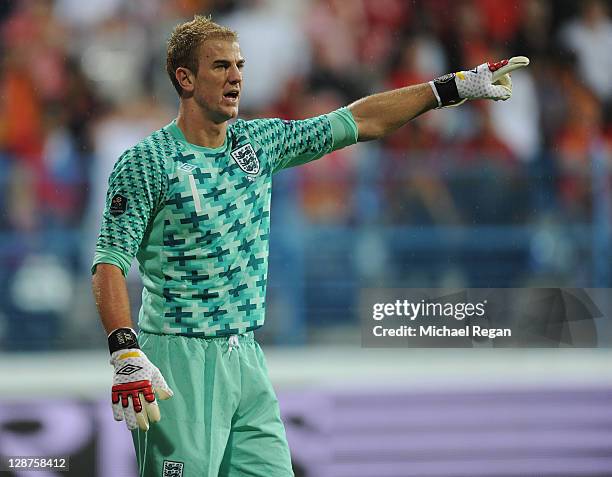 Joe Hart of England in action during the EURO 2012 group G qualifier match between Montenegro and England at the Gradski Stadium on October 7, 2011...