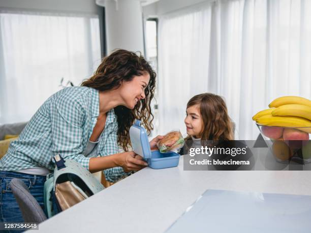 school child taking lunch box from her mother - making lunch stock pictures, royalty-free photos & images