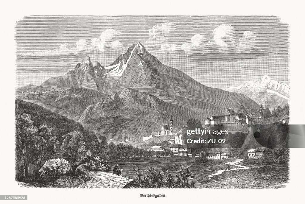 Historische mening van Berchtesgaden, Beieren, Duitsland, houten gravure, gepubliceerd 1893