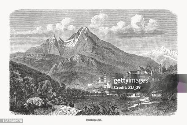 historical view of berchtesgaden, bavaria, germany, wood engraving, published 1893 - watzmann stock illustrations