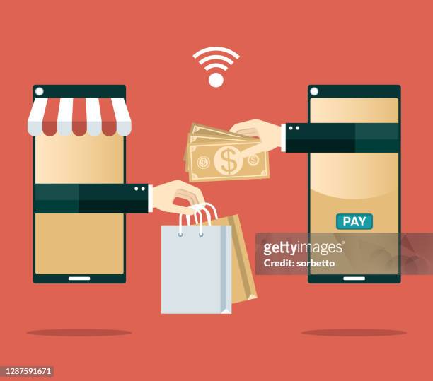 stockillustraties, clipart, cartoons en iconen met online winkelen - papieren valuta - debit cards, credit cards accepted