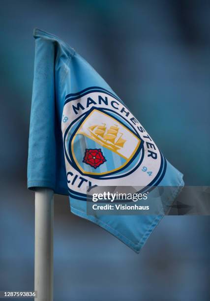 The Manchester City club badge on a corner flag during the Premier League 2 match between Manchester City and Chelsea at The Academy Stadium on...