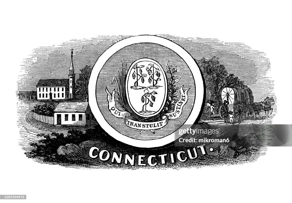 Old Engraved Illustration Of Seal Of Connecticut Us State United States
