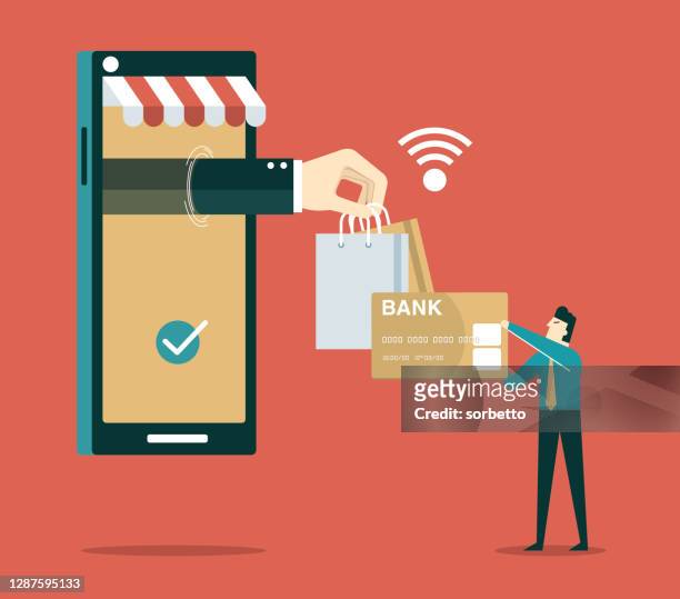 ilustraciones, imágenes clip art, dibujos animados e iconos de stock de compras en línea - businessman - debit cards credit cards accepted