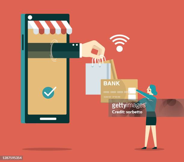illustrazioni stock, clip art, cartoni animati e icone di tendenza di shopping online - donna d'affari - debit cards credit cards accepted