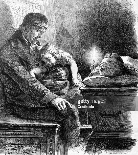 man with daughter at the open coffin of his wife - widow stock illustrations