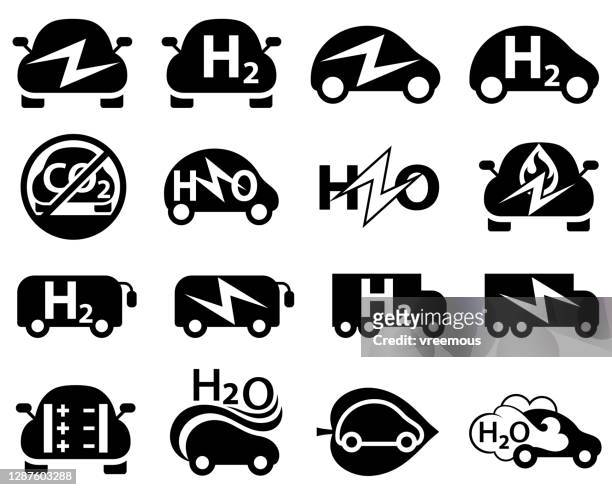 electric and hydrogen fuel vehicle icons - car pollution stock illustrations
