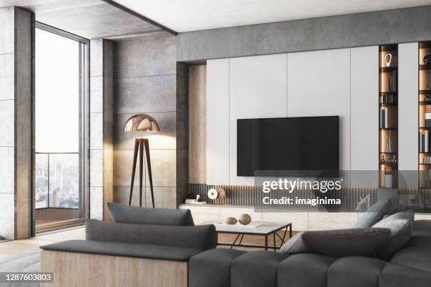 luxury living room with television set - modern tv room stock pictures, royalty-free photos & images