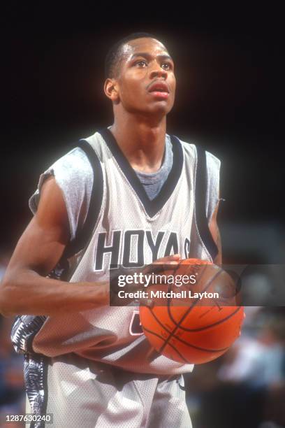 Allen Iverson of the Georgetown Hoyas takes a foul shot during a college basketball game against the Southern University at New Orleans Knights at...