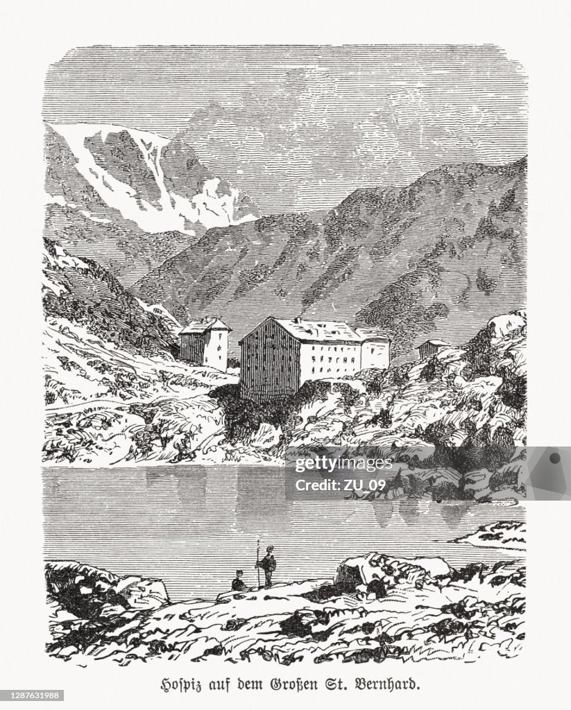 Grande Hospital de São Bernardo, Suíça, gravura de madeira, publicado em 1893