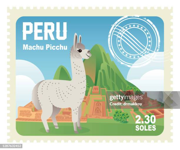 peru stamp - machu picchu alpaca stock illustrations