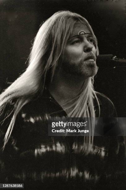 Gregg Allman performs at the keyboard in a warmup act prior to the Stevie Ray Vaughan concert at Red Rocks Amphitheatre on June 17, 1987 in Morrison,...
