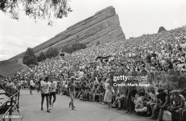 Concertgoers await the Stevie Ray Vaughan Soul to Soul Tour concert at Red Rocks Amphitheatre on July 24, 1986 in Morrison, Colorado.