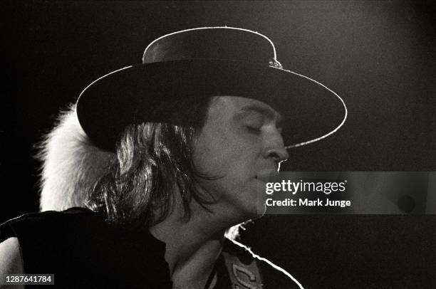 Stevie Ray Vaughan and his band Double Trouble perform during a concert at Red Rocks Amphitheatre on June 17, 1987 in Morrison, Colorado. The image...