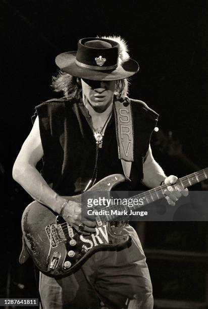 Stevie Ray Vaughan and his band Double Trouble perform during a concert at Red Rocks Amphitheatre on June 17, 1987 in Morrison, Colorado. The image...