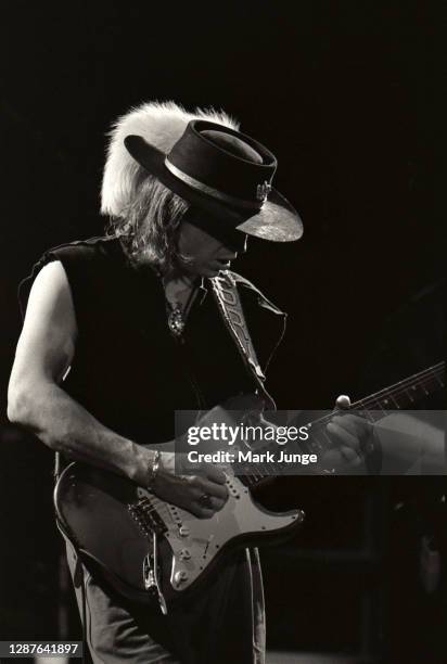 Stevie Ray Vaughan and his band Double Trouble perform during a concert at Red Rocks Amphitheatre on June 17, 1987 in Morrison, Colorado. The image...