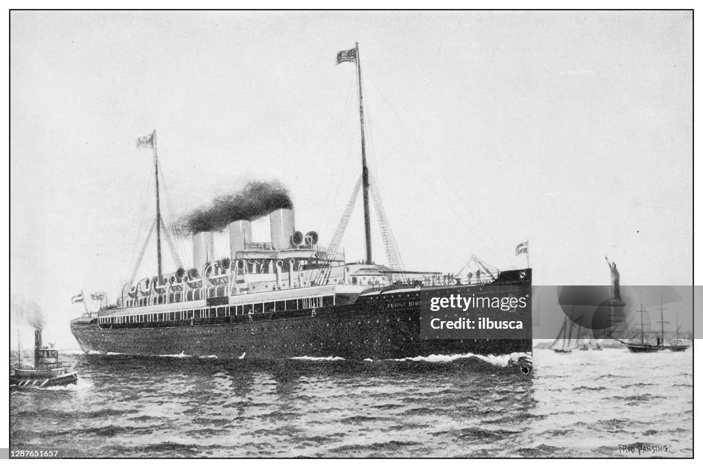 Antique black and white photograph of New York: Hamburg-American line steamship