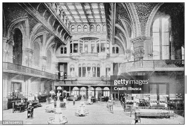 antique black and white photograph of new york: the new york stock exchange - historic stock exchange building stock illustrations