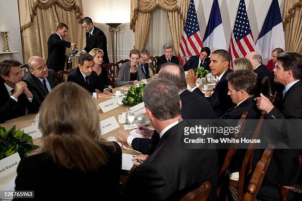 In this handout provided by the White House, President Barack Obama participates in a bilateral meeting with President Nicolas Sarkozy of France at...