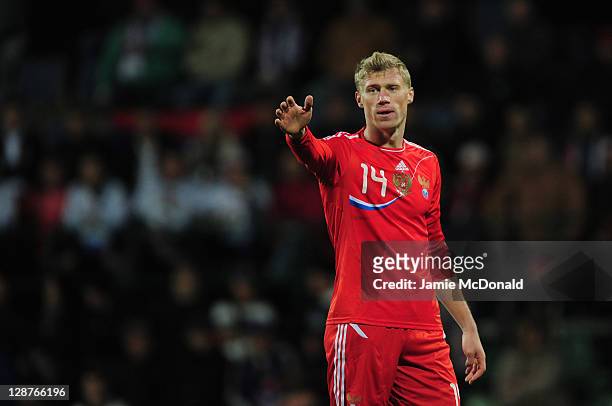 Pavel Pogrebnak of Russia in action during the EURO 2012, Group B qualifier between Slovakia and Russia at the MSK Zilina stadium on October 7, 2011...