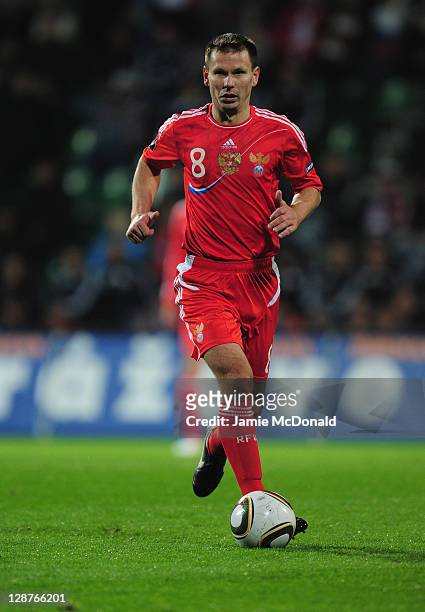 Konstantin Zyrjanov of Russia in action during the EURO 2012, Group B qualifier between Slovakia and Russia at the MSK Zilina stadium on October 7,...