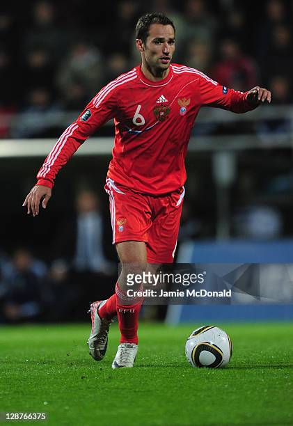 Roman Sirokov of Russia in action during the EURO 2012, Group B qualifier between Slovakia and Russia at the MSK Zilina stadium on October 7, 2011 in...