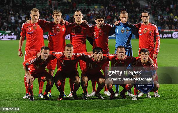 The team of Russia pose for a group photo during the EURO 2012, Group B qualifier between Slovakia and Russia at the MSK Zilina stadium on October 7,...