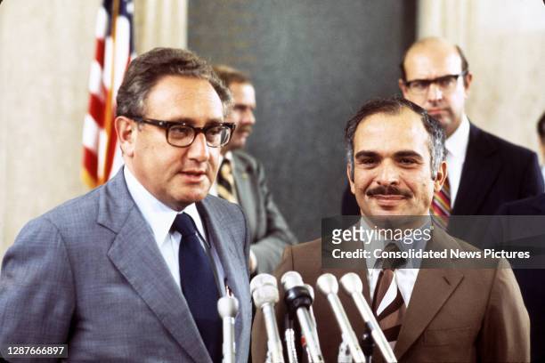 Secretary of State Henry Kissinger and King Hussein of Jordan hold a joint press conference at the State Department, Washington DC, August 16, 1974.