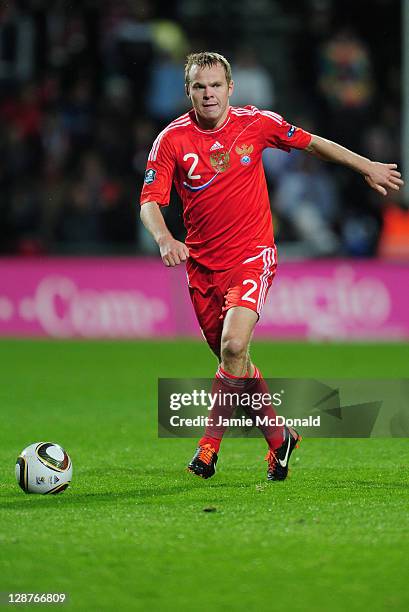 Aleksandr Anyukov of Russia in action during the EURO 2012, Group B qualifier between Slovakia and Russia at the MSK Zilina stadium on October 7,...