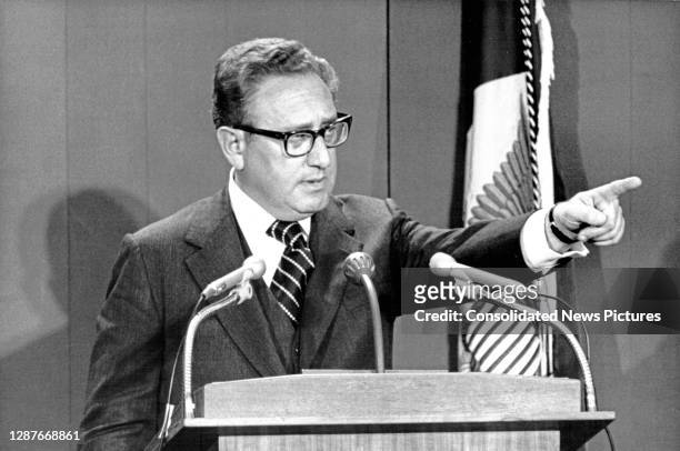 Secretary of State Henry Kissinger holds a press conference at the Department of State, Washington DC, March 26, 1975.