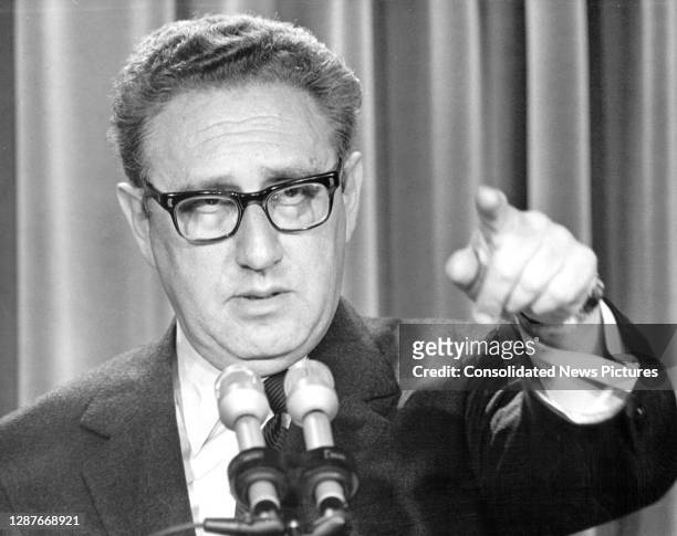 United States National Security Advisor Henry A Kissinger briefs reporters on his trip to Beijing and Hanoi in the press briefing room of the White...