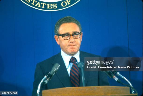 Secretary of State Henry Kissinger holds a press conference at the State Department, Washington DC, October 12, 1973.
