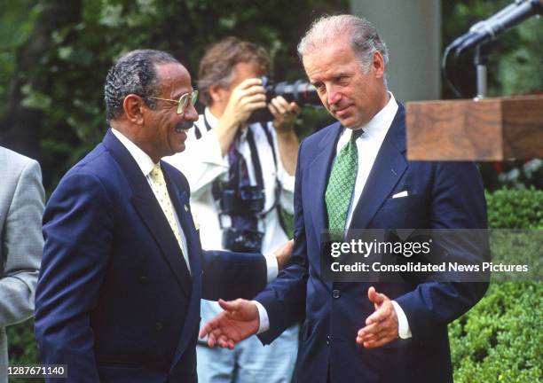 Representative John Conyers Senator & Chairman of the Senate Judiciary Committee Joseph Biden talk in the White House's Rose Garden., Washington DC,...