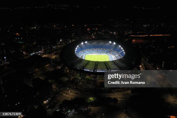 The San Paolo stadium is lit as a tribute to the late soccer player Diego Armando Maradona on November 25, 2020 in Naples, Italy. Diego Armando...