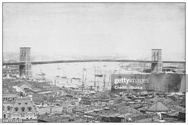 antique black and white photograph of new york: brooklyn bridge - brooklyn shopping stock illustrations