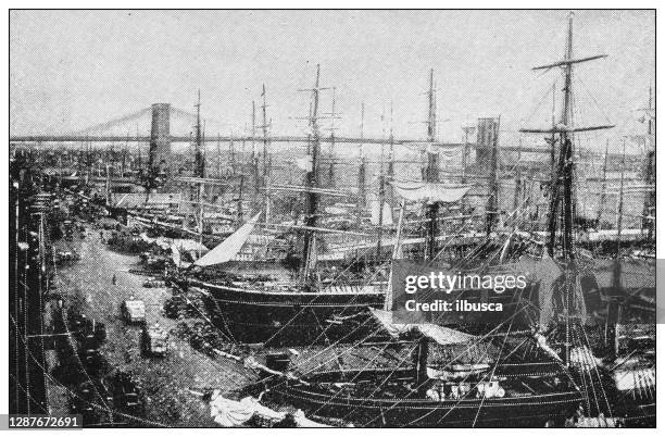 antique black and white photograph of new york: east river - brooklyn shopping stock illustrations