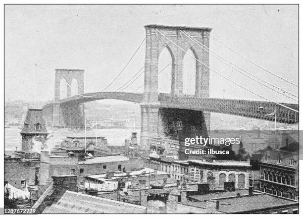 antique black and white photograph of new york: brooklyn bridge - brooklyn shopping stock illustrations