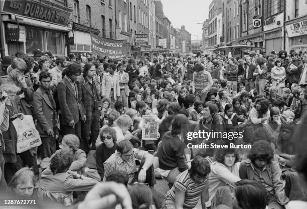 Anti-fascist demonstrators, organised by the Hackney and Tower Hamlets Defence Committee and the Anti-Nazi League , protest against National Front...