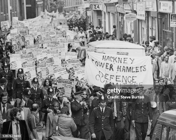 Anti-fascist demonstrators, organised by the Hackney and Tower Hamlets Defence Committee and the Anti-Nazi League , march to protest against National...