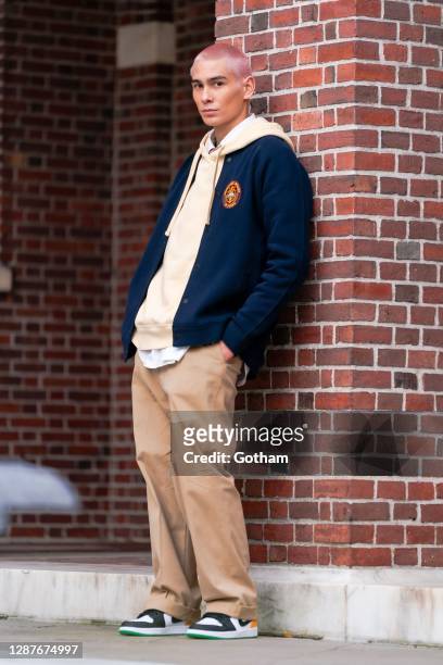 Evan Mock is seen during a photoshoot for 'Gossip Girl' in the Upper East Side on November 25, 2020 in New York City.