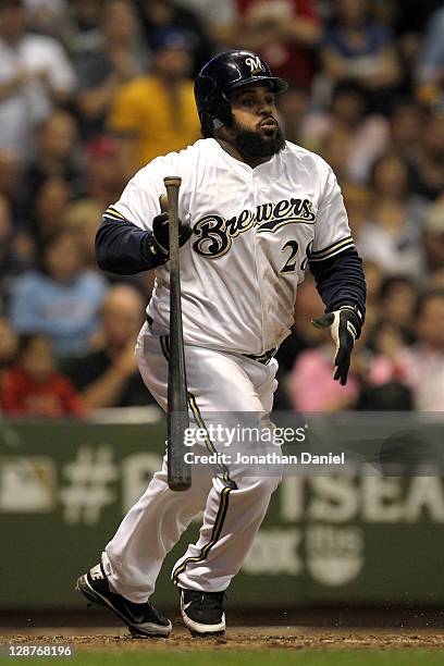 Prince Fielder of the Milwaukee Brewers grounds out to first base in the eighth inning against the Arizona Diamondbacks in Game Five of the National...