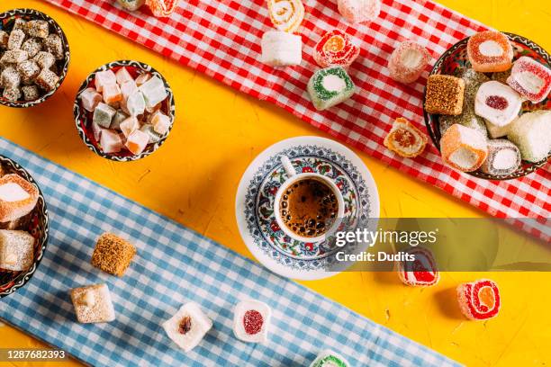 flat lay turkish coffee and delights - turkish delight stock pictures, royalty-free photos & images