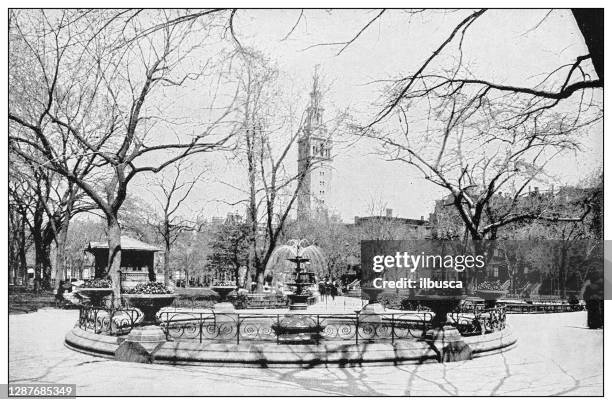 antique black and white photograph of new york: madison square park - madison square park new york stock illustrations