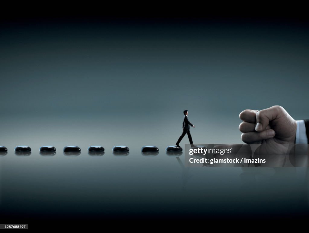 Stepping stone, stone, lake, contrast, man, oriental, full body, walk, profile, hand, promise