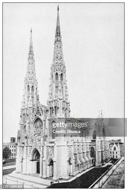 antique black and white photograph of new york: st patrick's cathedral - st patrick's cathedral manhattan stock illustrations