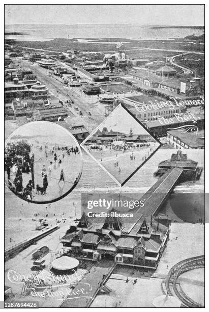 antique black and white photograph of new york: coney island - brooklyn shopping stock illustrations