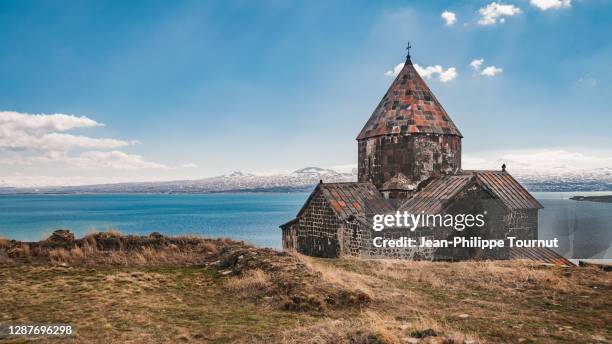 picturesque surp arakelots church of sevan monastery - sevanavank near sevan lake, gegharkunik province, armenia - sevanavank monastery stock pictures, royalty-free photos & images