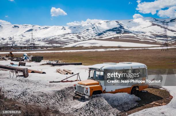 old soviet bus abandoned near sevan lake, gegharkunik province, caucasus, armenia (former ussr) - armenia country stock pictures, royalty-free photos & images