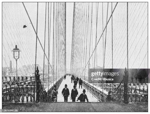 antique black and white photograph of new york: brooklyn bridge promenade - brooklyn shopping stock illustrations